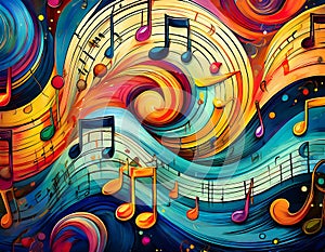 Abstract music background with musical notes and swirls. Vector illustration..