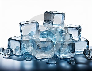Ice cubes on a white background. Shallow depth of field.