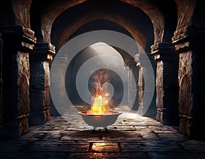 Mystical interior with fire in bowl. Halloween concept. 3D rendering