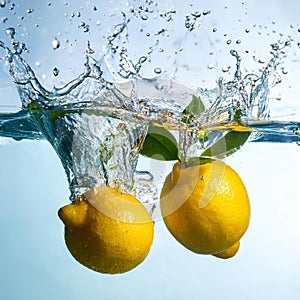 two lemons splashing in water