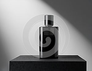 Black perfume bottle on a black cube. 3d rendering mock up.