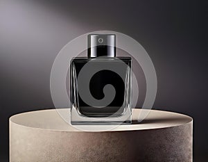 Black perfume bottle on a black cube. 3d rendering mock up.