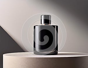Black perfume bottle on a black cube. 3d rendering mock up.