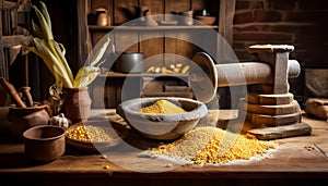 Traditional Corn Grinding with Stone Mill and Corn Kernels