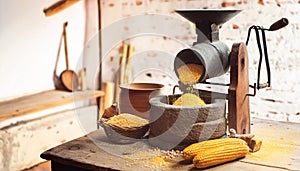 Traditional Corn Grinding with Stone Mill and Corn Kernels