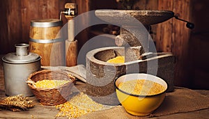Traditional Corn Grinding with Stone Mill and Corn Kernels