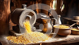 Traditional Corn Grinding with Stone Mill and Corn Kernels