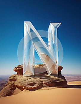 Alphabet letter N in the desert. 3d render illustration.