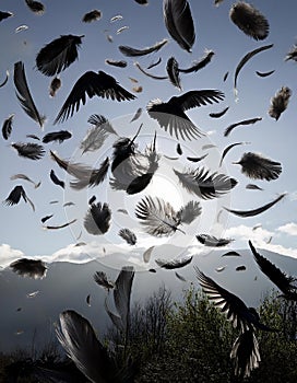 Flock of birds flying in the sky over the sea at sunset.