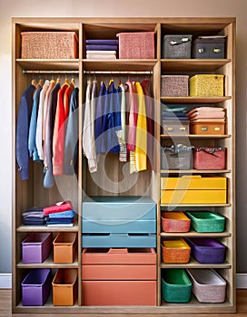 Closet with different colorful clothes and accessories. Wardrobe interior