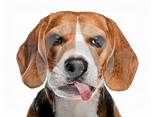 Beagle grimaces, on a white background