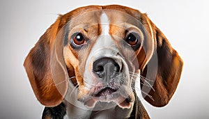Beagle grimaces, on a white background