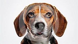 Beagle grimaces, on a white background