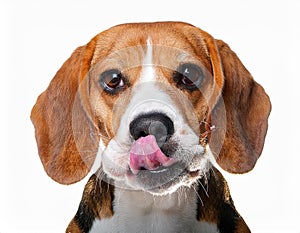 Beagle grimaces, on a white background