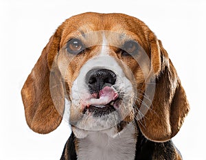 Beagle grimaces, on a white background