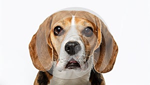 Beagle grimaces, on a white background