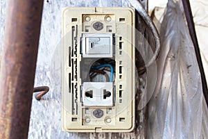 White Box old electrical power switch off, on and plug energy damaged