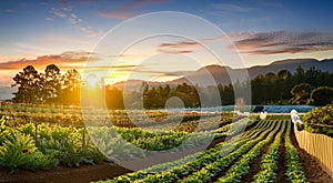 Regenerative farming With Rows Of Crops And Mountains In The Background At Sunrise