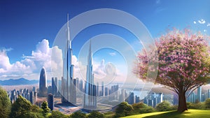 Generated imageDreamy, picturesque landscape featuring a large pink tree in front of a super modern city