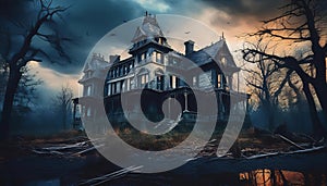 The mansion is dark, with broken windows