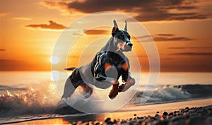 Doberman, Dog Running on Beach at Sunset