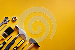 Set of tools on a yellow background. Generated image