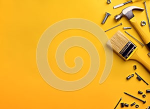 Background tools on a yellow board. Generated image