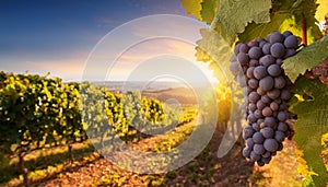 Wine grapes on the vine. Sunny vineyard on the background.