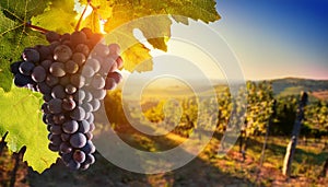 Wine grapes on the vine. Sunny vineyard on the background.