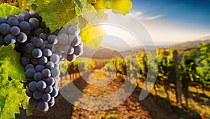 Wine grapes on the vine. Sunny vineyard on the background.