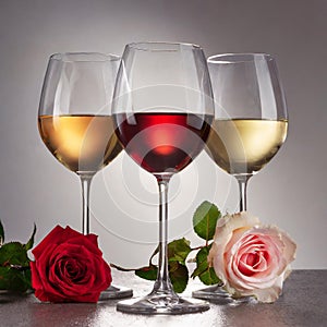 Three wine glasses over white background. White wine, rose, and red.