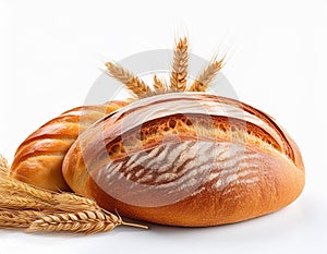 Wheat bread and Wheat. A wheat bread and shock of wheat on a white background