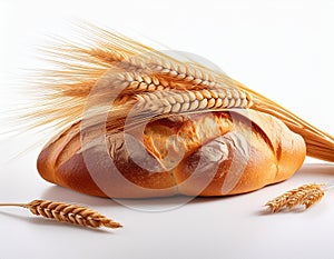 Wheat bread and Wheat. A wheat bread and shock of wheat on a white background