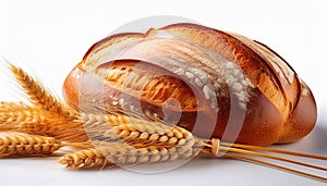 Wheat bread and Wheat. A wheat bread and shock of wheat on a white background