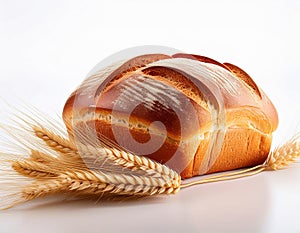 Wheat bread and Wheat. A wheat bread and shock of wheat on a white background