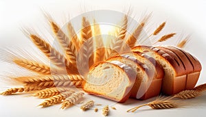 Wheat bread and Wheat. A wheat bread and shock of wheat on a white background