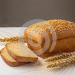 Wheat bread and Wheat. A wheat bread and shock of wheat on a white background