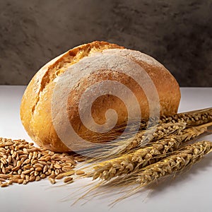 Wheat bread and Wheat. A wheat bread and shock of wheat on a white background