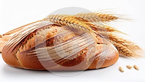Wheat bread and Wheat. A wheat bread and shock of wheat on a white background