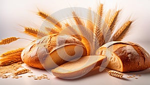 Wheat bread and Wheat. A wheat bread and shock of wheat on a white background