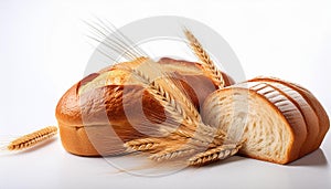 Wheat bread and Wheat. A wheat bread and shock of wheat on a white background