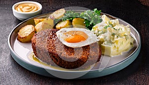 LeberkÃ¤se slices with fried egg and potato salad