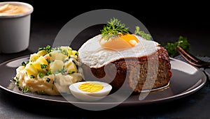 LeberkÃ¤se slices with fried egg and potato salad