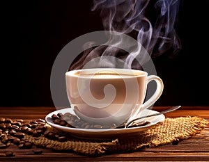 Steaming cup of coffee on a rug. AI Generated image.