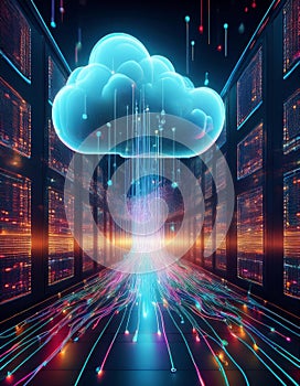 Cloud computing technology concept as a 3D render illustration of a futuristic server room