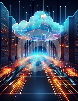 Cloud computing technology concept as a 3D render illustration of a futuristic server room