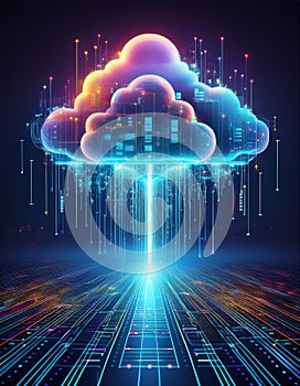 Cloud computing technology concept as a 3D render illustration of a futuristic server room
