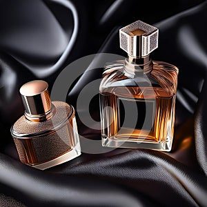 Two perfume perfume bottles on black silk background.