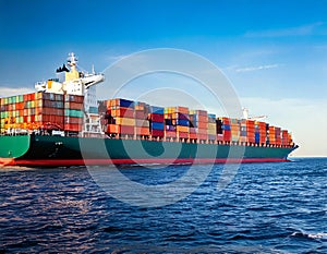 Containerschip with cargo at sea. AI Generated image.