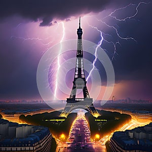 A moment of lightning in the background of the eiffel tower in paris